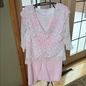 Upcycled Handmade Pink and White Crochet 3pc Skirt, Top and Vest